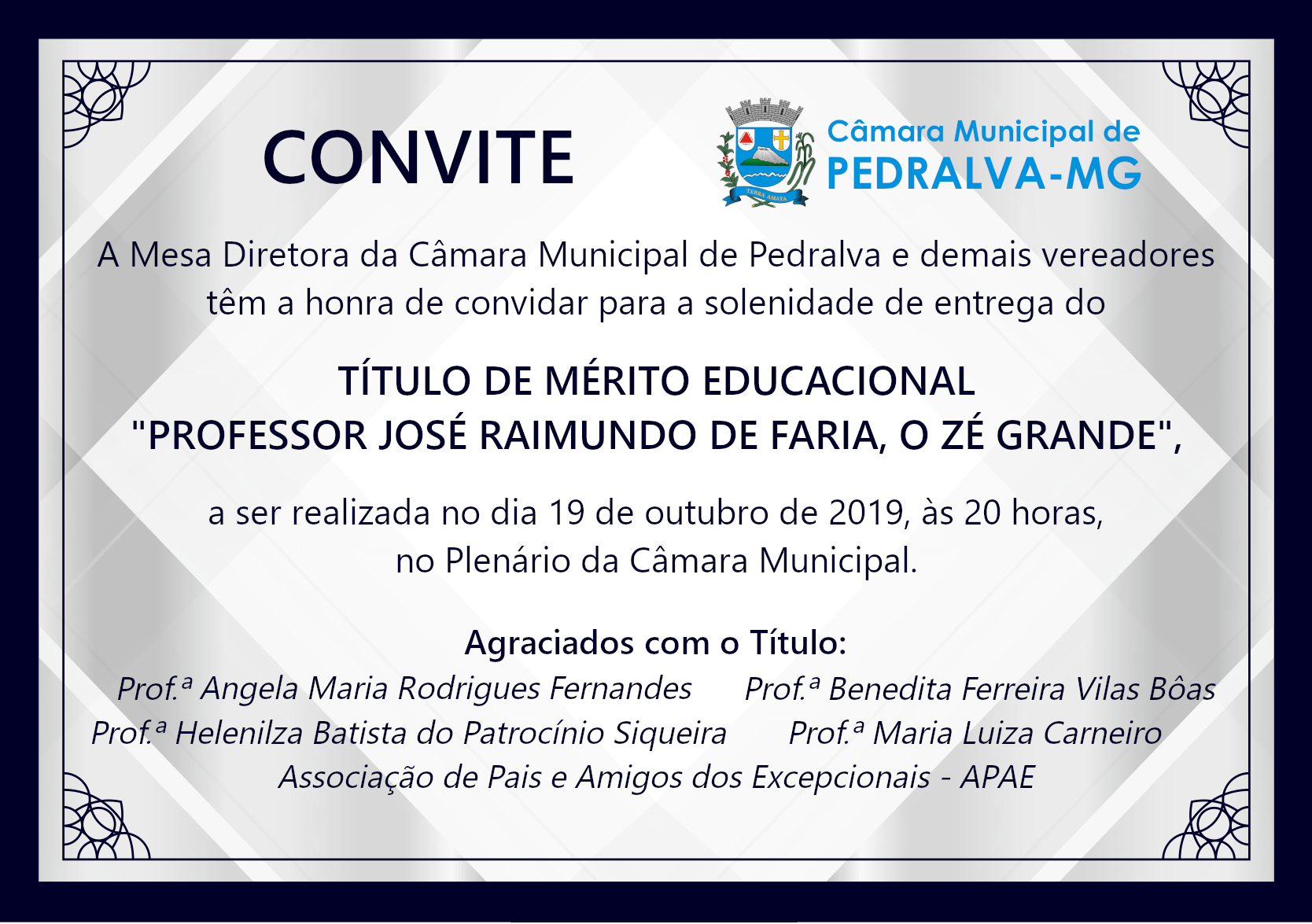 Câmara Municipal realizará sessão solene para entrega do Título de Mérito Educacional "Prof. José Raimundo de Faria, o Zé Grande"