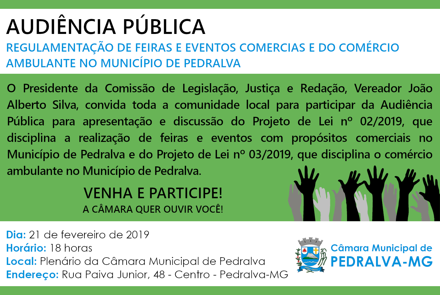 Regulamentação das feiras e eventos comerciais e do comércio ambulante é tema de audiência pública nesta quinta-feira.