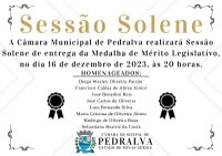 Será realizada, pela Câmara Municipal, Sessão Solene para entrega da "Medalha do Mérito Legislativo"