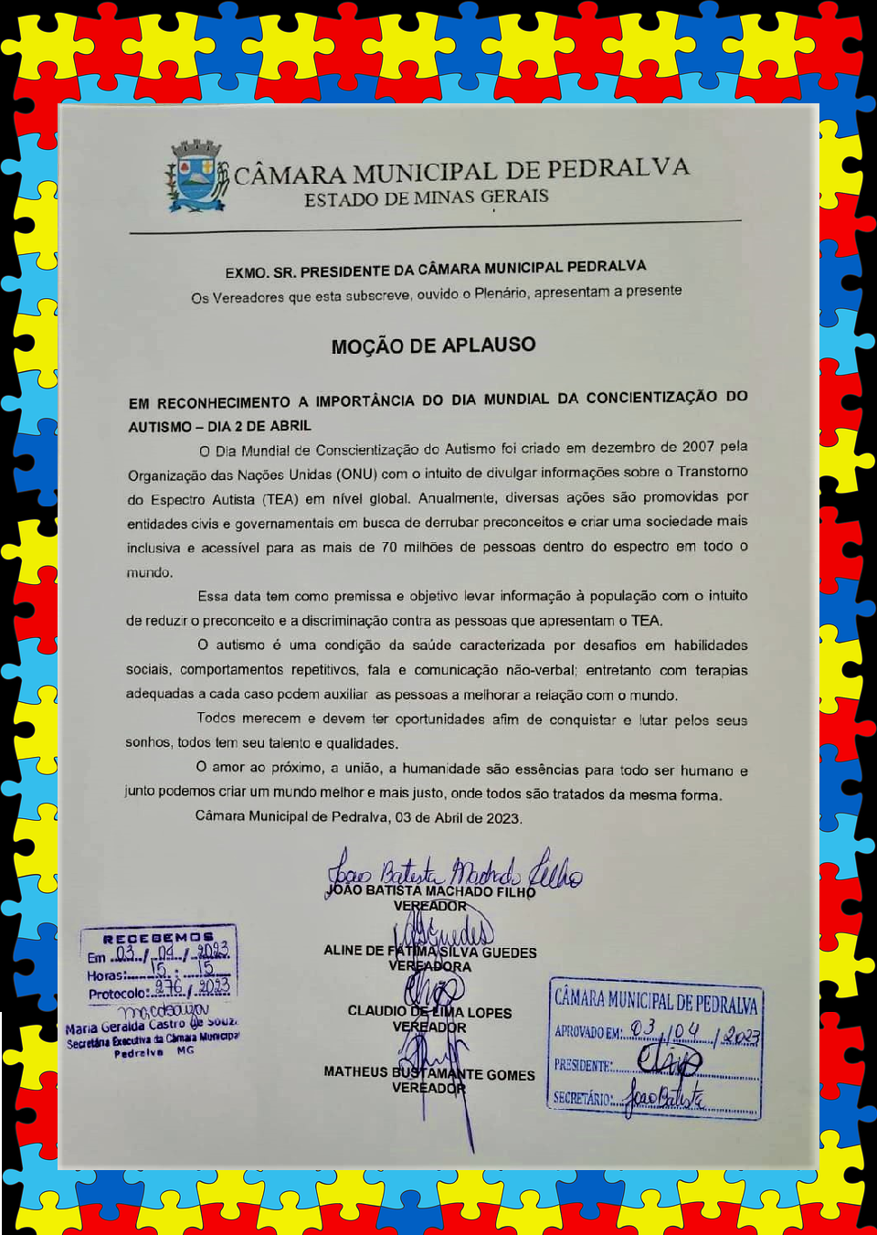 Vereadores apresentam Moção de Aplauso pelo Dia Mundial da Conscientização do Autismo